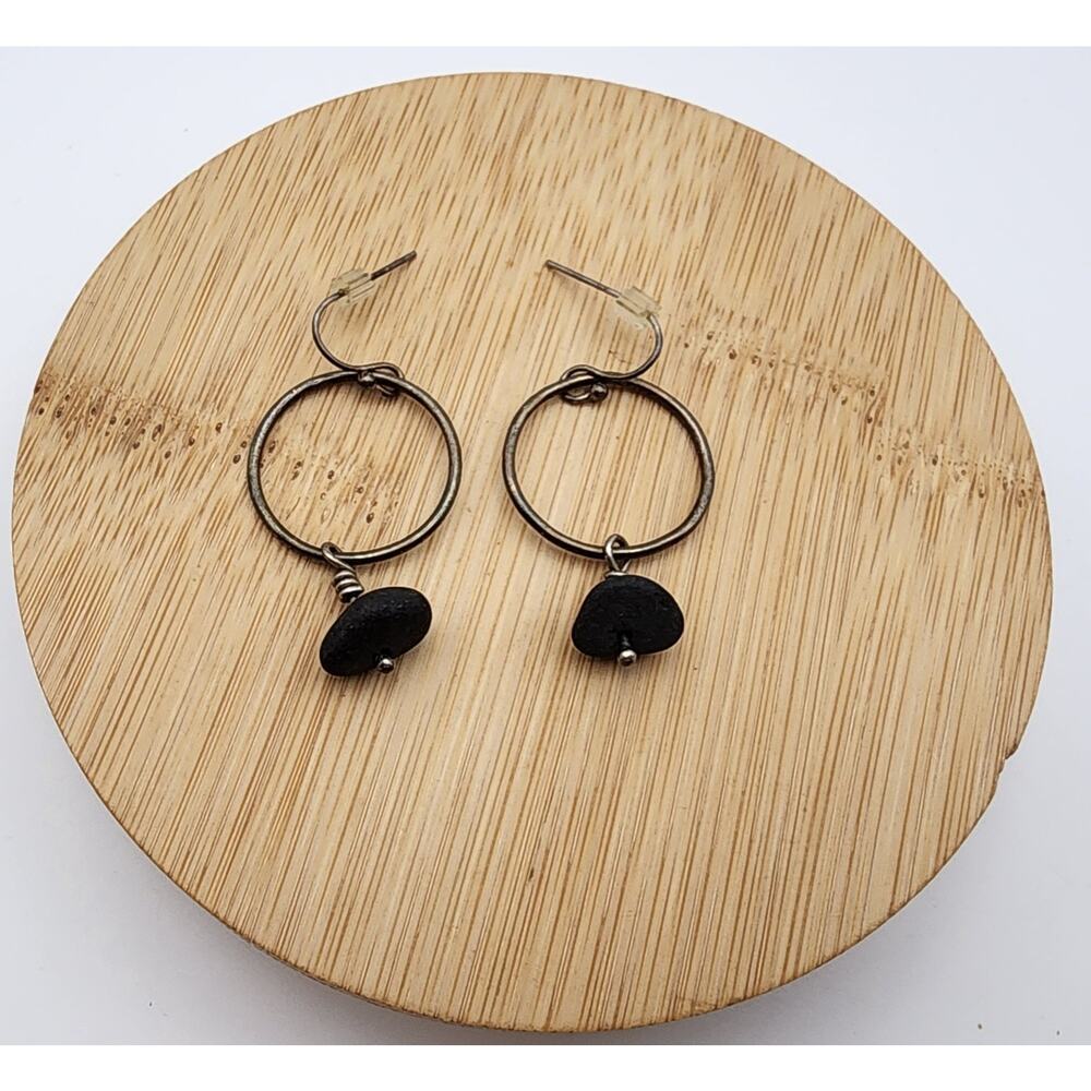 Artisan Handmade Metal Circle Zen Pierced Earrings Dangle Drop Stone
